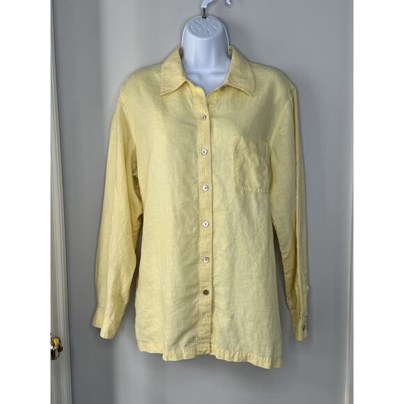 Sigrid Olsen Womens 100% Linen Button Up Shirt L Yellow Lagenlook Collared Tunic - Picture 1 of 16